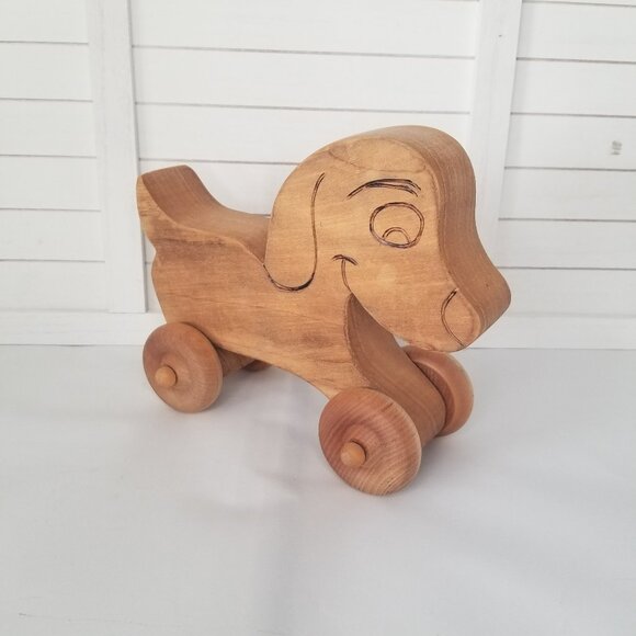 Natural Wood Hand Carved Rolling Dog Puppy Kids Toy Artist Engraved Signature